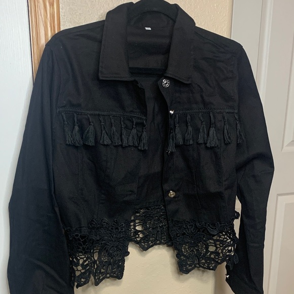 BLACK Denim Button Up Collared Jacket with Tassels and Lace Trim Size X-Large - Picture 7 of 8